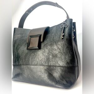 Black Genuine Leather Tote Bag w/ Square Buckle & Key Charm – Like New